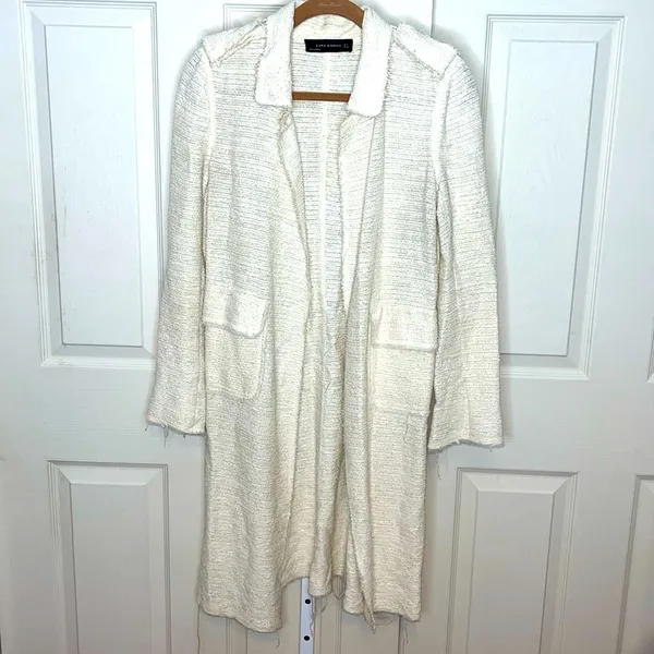 Zara Cream Tweed Long Cardigan Small - Image 3