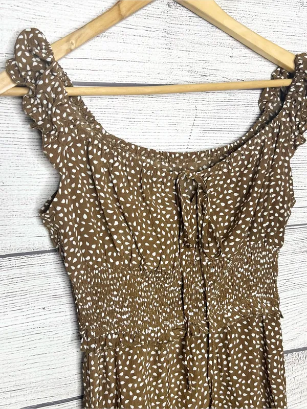 Brown & White Polka Dot Smocked Sleeveless Mini Dress with Ruffle Hem Size Small - Image 3