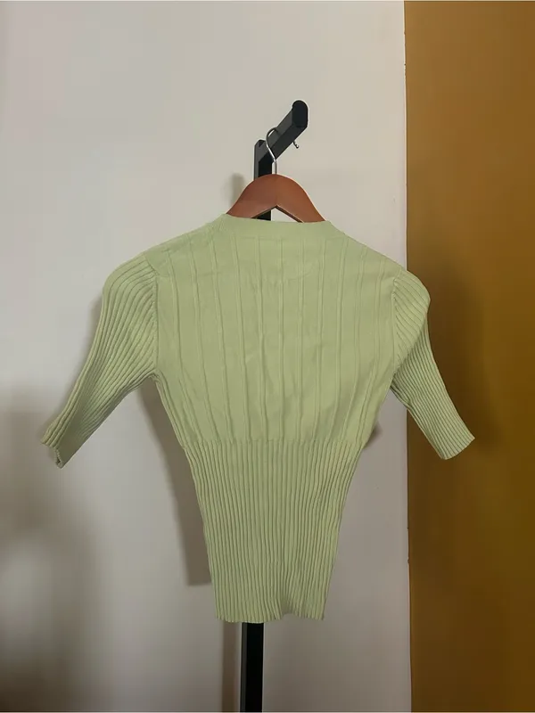 FRAME Mixed Rib Sweater In Bright Lime Green Ribbed Top Half Sleeve‎ Size Small - Image 8