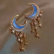 18K Gold-Plated Blue Star Moon Enamel Alloy Zircon Drop Earring - Image 3