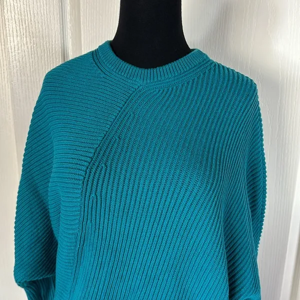 Free People Downtown Teal Blue Knit Asymmetrical Pullover Sweater - Image 4
