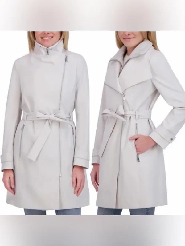 Halston Heritage NEW Halston Women's Belted Wrap Silver Collared Trench Coat With Pockets, Size M - Image 2