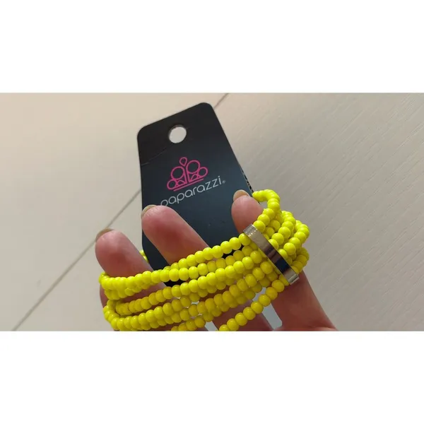 Paparazzi Neon Yellow 5-Strand Seed Bead Stretch Bracelet Silver Bar Accent - Image 5