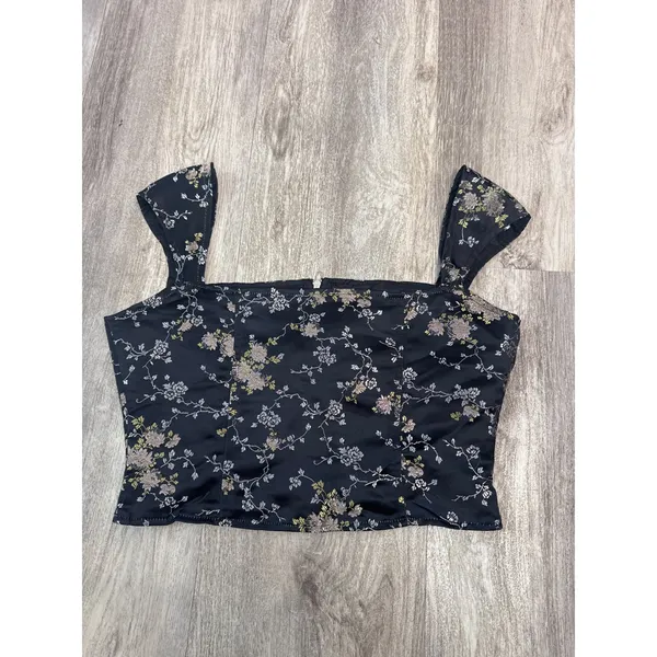 Lioness Papa Don't Preach Black Floral‎ Corset Top Front Zip Satin Size Medium - Image 4