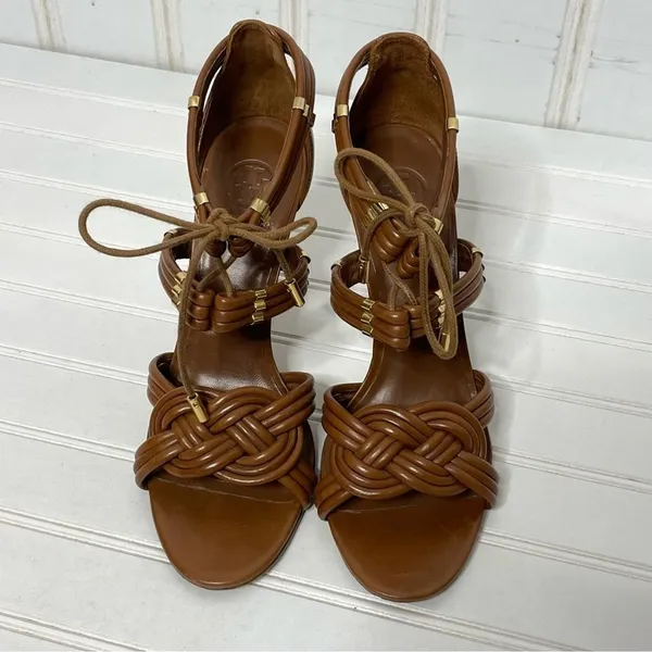 Tory Burch Tan Brown Leather Knotted Strappy Lace Up Stiletto Heels Sandals 9.5M - Image 14