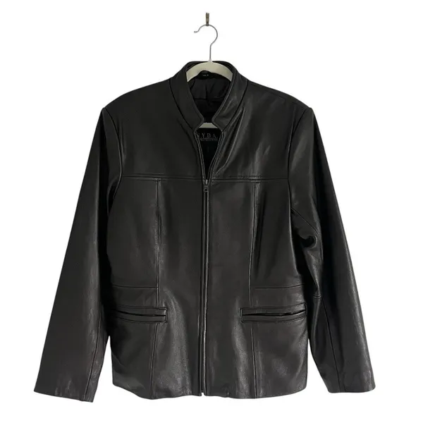 N.Y.D.A Leather Jacket Women Brown Soft Full Zip Modern Minimalist Moto Sz Large - Image 2