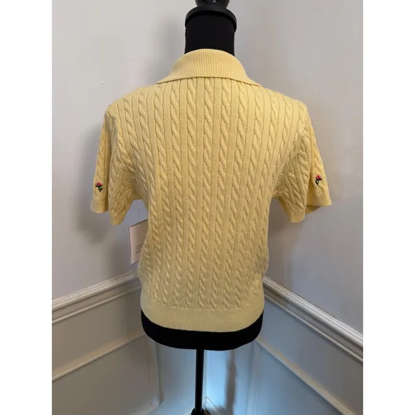 NWT Calligraphie Yellow Cable Knit Floral Embroidered Sweater Polo Top Cottage - Image 6