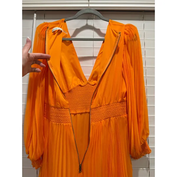 Alice + Olivia Pleated Maxi Dress Womens 8 Orange V-Neck Smocked Waist Delora - Image 4