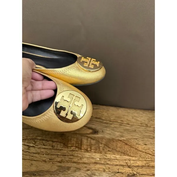 Tory Burch Reva Metallic Gold Tumbled Ballerina Flats - Image 5