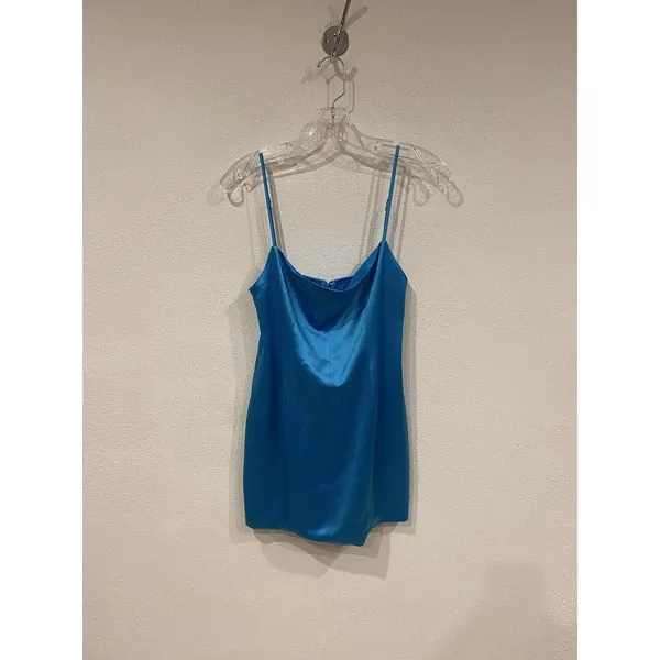 Retrofête Dress Womens Medium Blue Satin Cowl Neck Slip Mini Smocked Party - Image 2