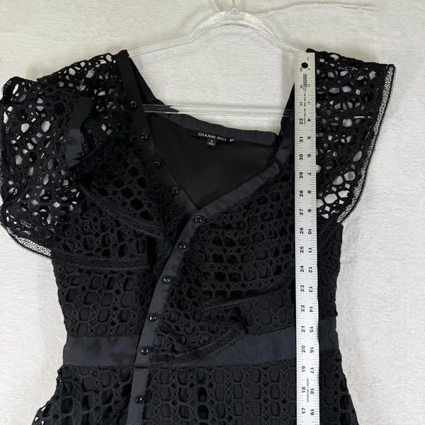 Gianni Bini Black Eyelet Lace Asymmetrical Ruffle Mini Dress Size 6 LBD Skater - Image 6