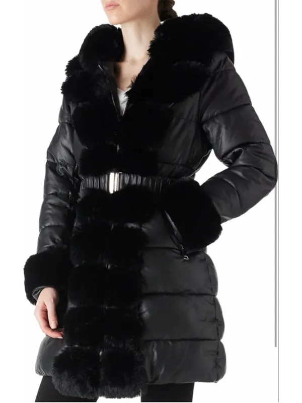 NEW Vegan Leather Winter Fur Lined Coat puffer Jacket Fur Trim Hooded S $140 - Image 3