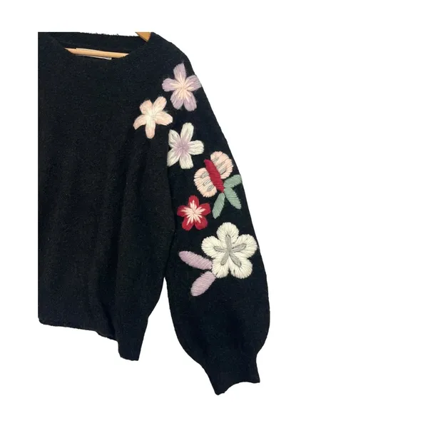 Boundless North Sweater Womens Large Black Wool Blend Floral Embroidered Boho - Image 5