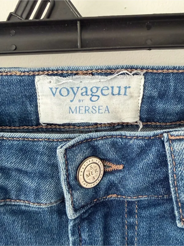 Voyageur by Mersea Nomad Cropped Mini Bootcut Flare Blue Denim Stretch Jeans 25 - Image 3