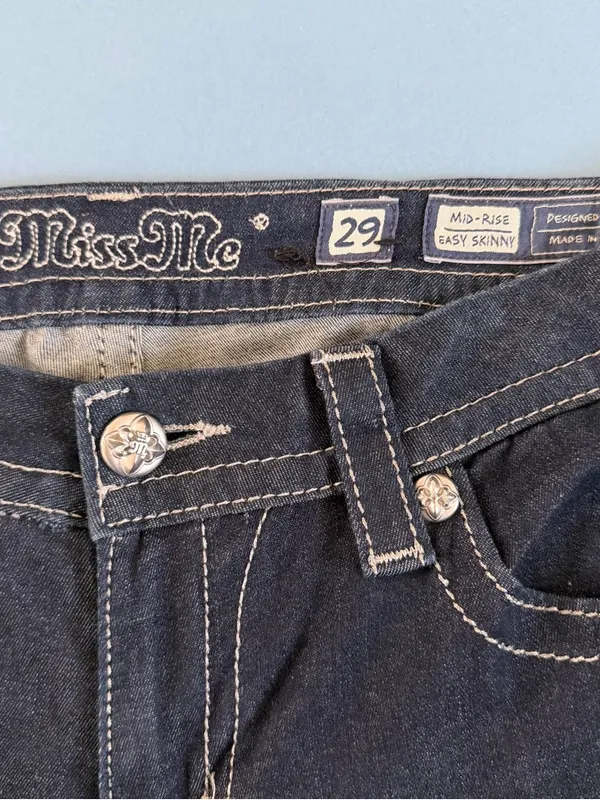 Miss Me Mid Rise Fleur De Lis Dark Wash Easy Skinny Denim Y2K Jeans‎ - Image 4