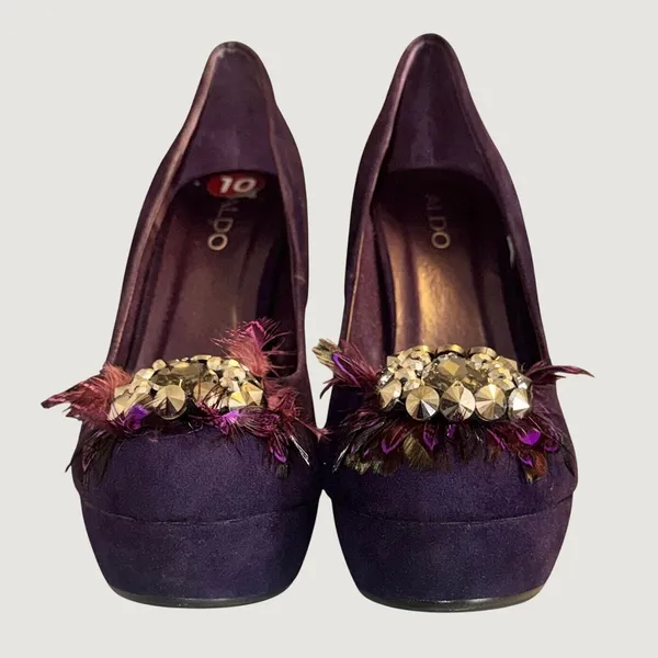 1665 | Aldo Bouch Jewel‎ Feather Embellished Platform Pump Purple Women 9 / 40 - Image 8