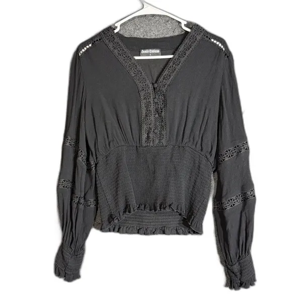 Scarlet Darkness Womens Size Large Black Lace Trim Smocked Waist Gothic Blouse - Image 2