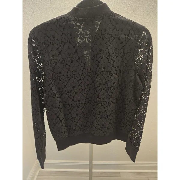 ​G By Guess Medium Black Floral Lace Full Zip Bomber Jacket Women Ribbed Trim - Image 6