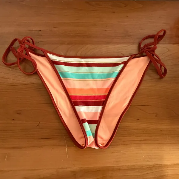 Aerie Bikini Set Rust Orange High Neck Crochet Top M Striped Side Tie Bottoms L - Image 2