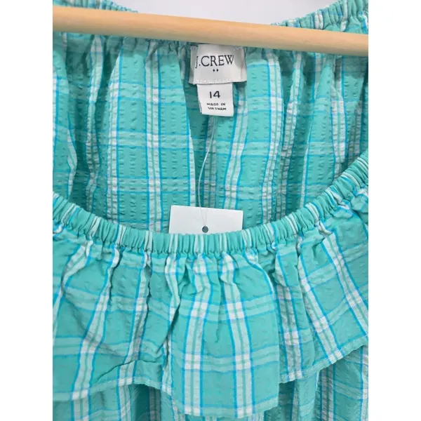 J.Crew Dress Womens 14 Green Plaid Ruffle Neck Tiered Seersucker BP802 New - Image 2