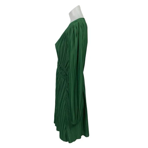 Zara Green Silk Satin Pleated Plisse Long Sleeve V Neck Fit & Flare Mini Dress M - Image 2
