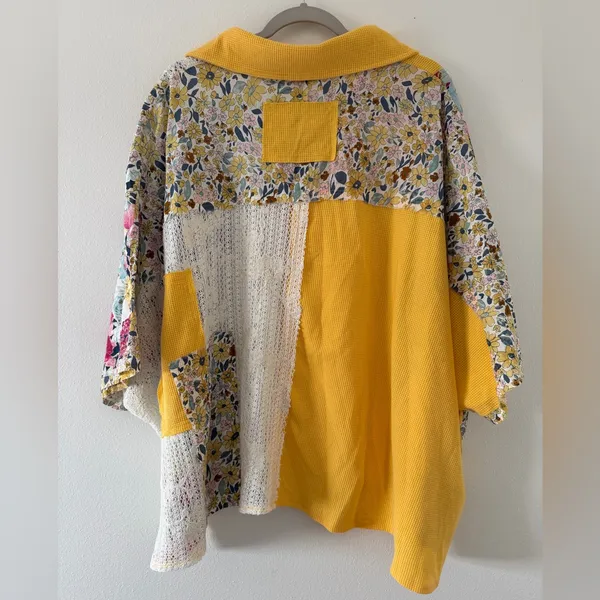 POL Floral/Lace Oversized Crochet Contrast Patchwork Boho Hippie Blouse small - Image 10