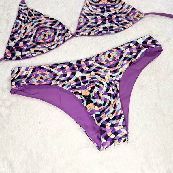 Trippy Purple Geometric Print Triangle Bikini Set Size Small Beach Rave Festival - Image 6