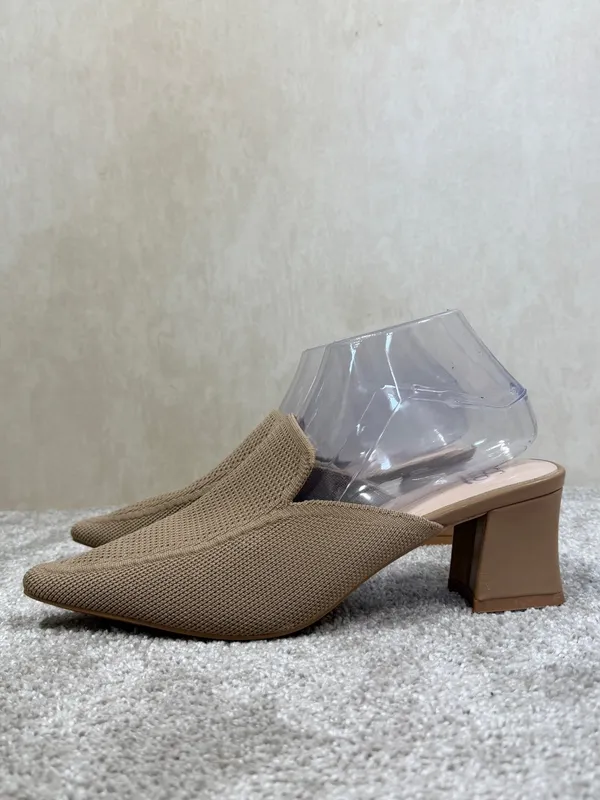 Cosy Island Women’s Knit Block Heels Shoes Mules Pointed Toe in Apricoat Cream 9 - Image 4