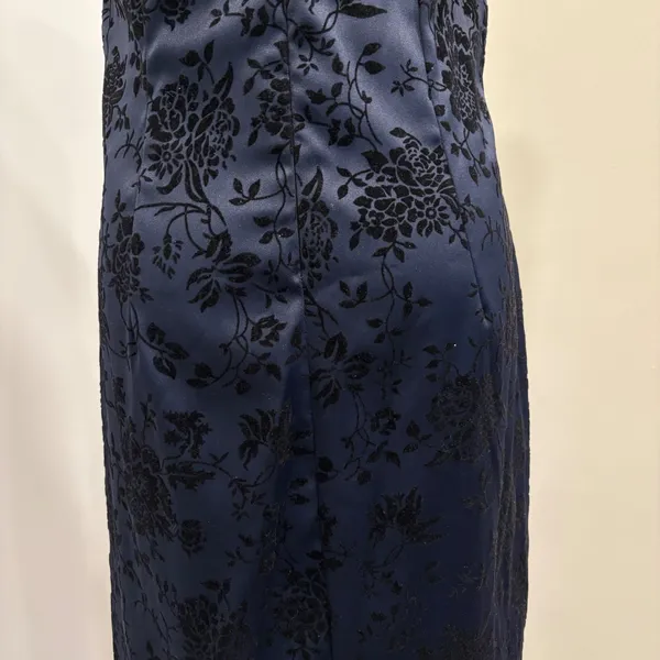 VTG 90s CDC Navy Blue Black Flocked‎ Velvet Floral Mandarin Collar Midi Dress 10 - Image 8