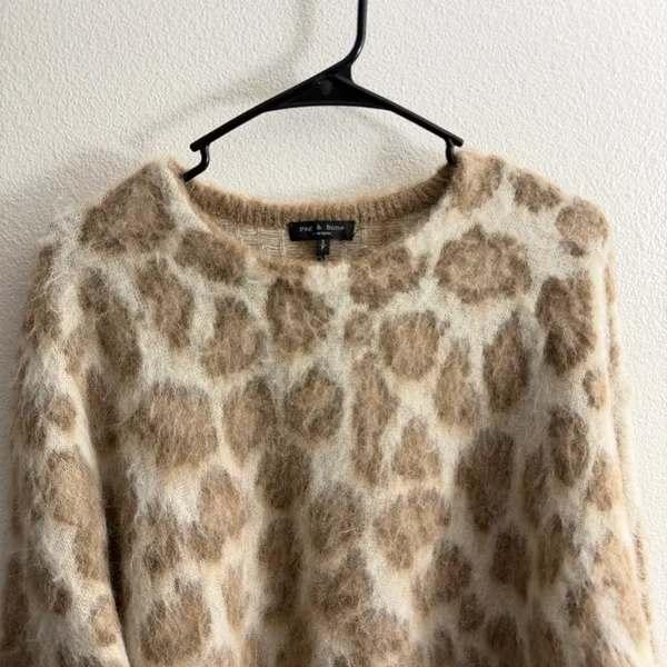 rag & bone Sweater Womens Small Tan Leopard Print Brushed Mohair Long Sleeve - Image 2