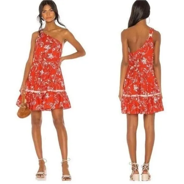 FREE PEOPLE All Mine Red Floral One Shoulder Ruffle Hem Mini Dress Size XS - Image 3