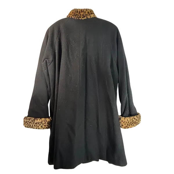 Herman Kay Vintage Black Wool Swing Coat Leopard Faux Fur Trim Plus 1X - Image 2