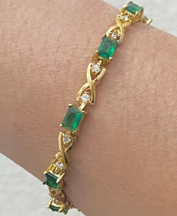 Unsigned Gold-tone Emerald Green & Clear CZ Stone 7.5” Tennis Bracelet 8.7g - Image 3