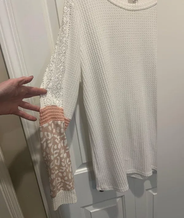 White Waffleknit top with Pink cheetah and lace accents Long Sleeve Top by BiBi - Image 7