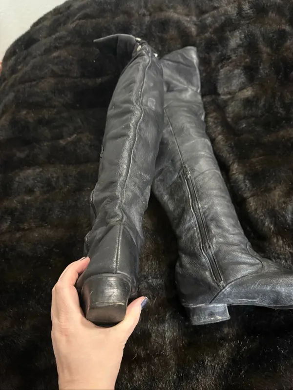 Black boots over knee leather shoes euro club women vintage Size 6.5 - Image 5