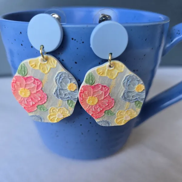 Flowerful Colorful Embossed‎ Acrylic Earrings with Blue Studs - Image 3