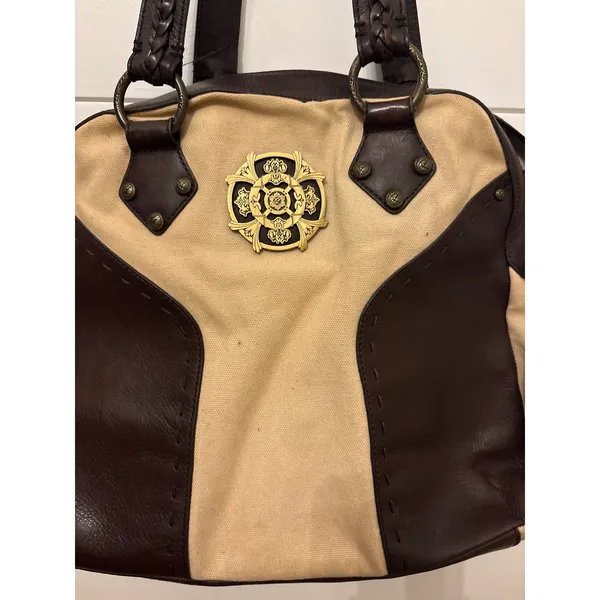 Kate Landry Brown Leather Tan Canvas Shoulder Bag Crest Braided Straps Boho - Image 2