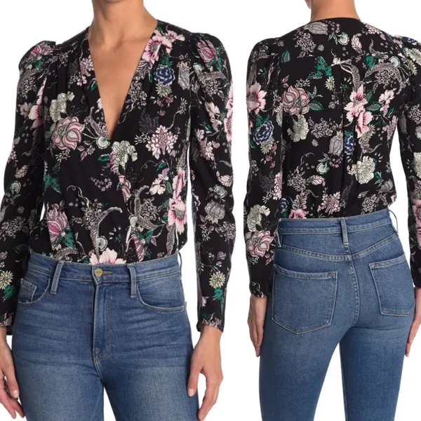 AFRM Surplice Long Sleeve‎ Bodysuit Puff Sleeve Black Pink Floral Small S - Image 2