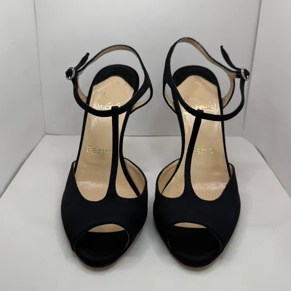Y2K Christian Louboutin Ernesta Black Satin T-Strap Peep Toe Heels EU 37 - Image 3