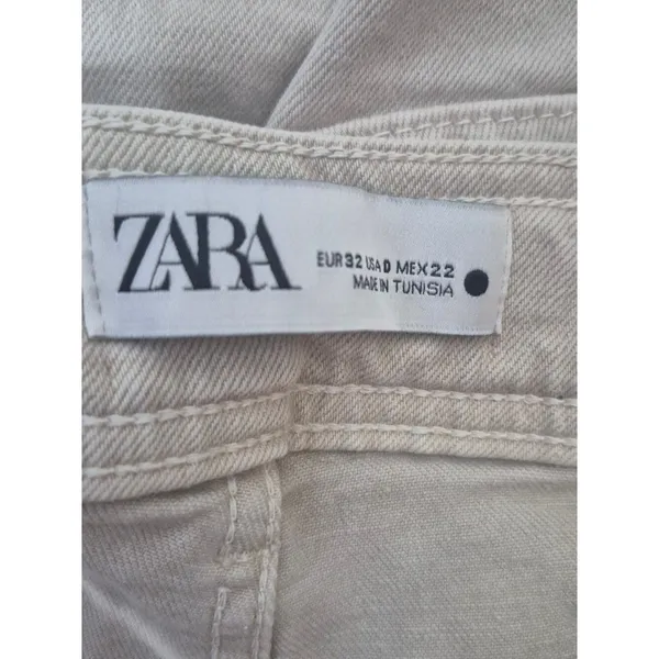 Zara Marine Straight Jean Hi-Rise Wide-Leg Frayed Hem Light Beige Size 0 - Image 5