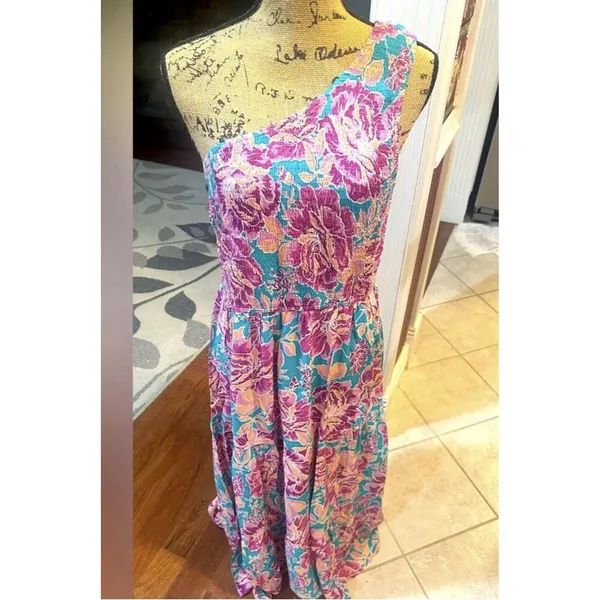 Zesica Bohemian Floral One Shoulder Smocked Tiered Ruffle Midi Dress Size XL - Image 3