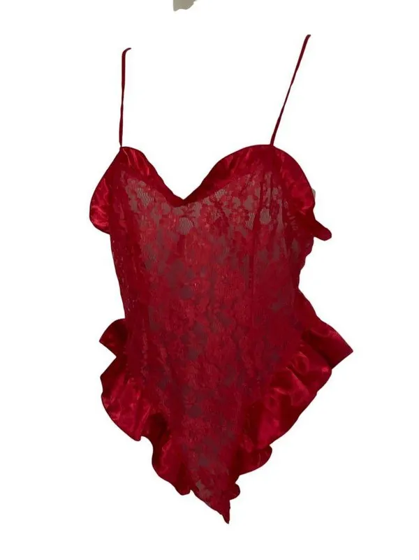 Victorias Secret Red Lace Teddy Ruffled Satin Trim Spaghetti Straps gold label - Image 10