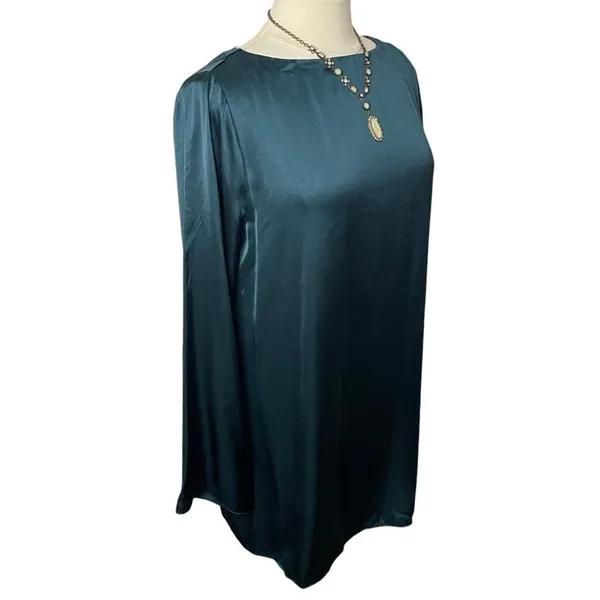 NWOT MADEWELL Long Bell Sleeve Satin Shift Dress in‎ Smoky Spruce, Medium - Image 7