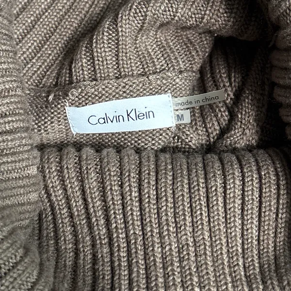 Calvin Klein Cowl Neck Sweater Dress Womens M Medium Taupe Brown Knit Tie Waist - Image 3