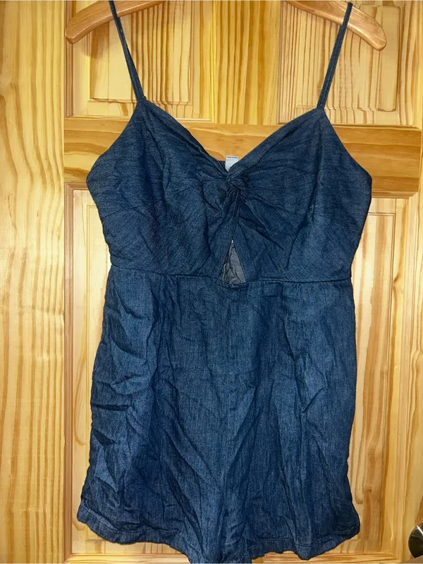 Navy blue denim mini short jumper with tie front detail, size L #mini #summer - Image 2