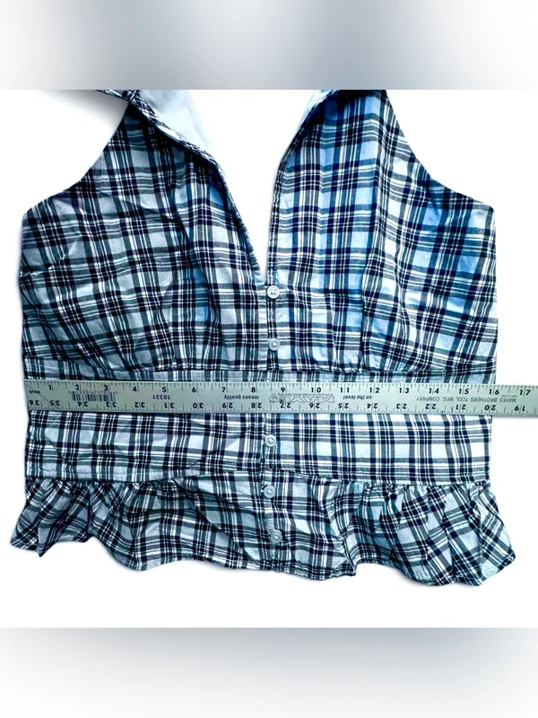 Hollister Blue Plaid Halter Peplum Top Women’s M Button Front Ruffle Y2K - Image 5