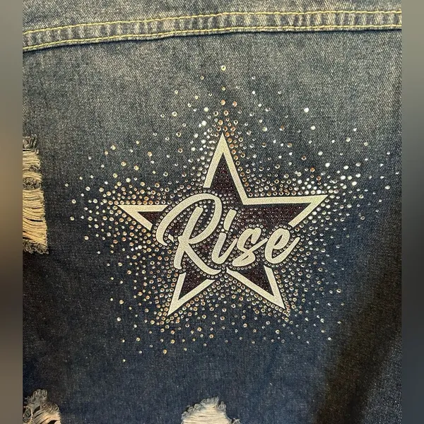 Women’s Jean Jacket distressed denim rhinestone Rise design on back Size M NWOT - Image 3
