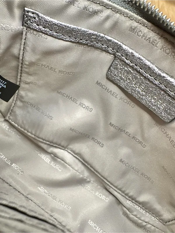 Michael Kors Pouchette Wrislet Gunmetal Metallic Leather Silver Chain Strap - Image 7