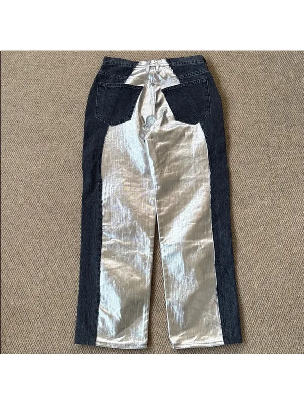 NWT FRAME Pieced Metallic Silver Black Straight Leg Jeans Size 26 Retail $448 - Image 13