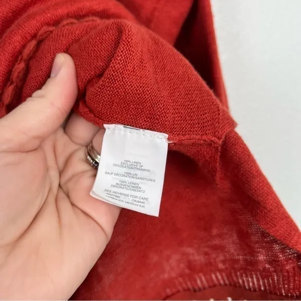 J Crew Linen Sweater With‎ Pom Pom Trim Red Sz XS - Image 6